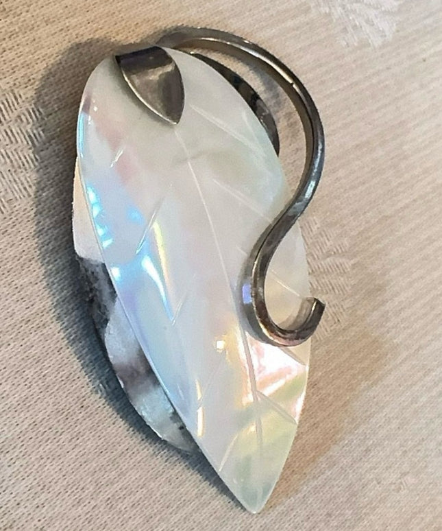 Vintage 2.5" Large Western Germany Mother-of-Pearl Leaf Brooch, Silver Tone