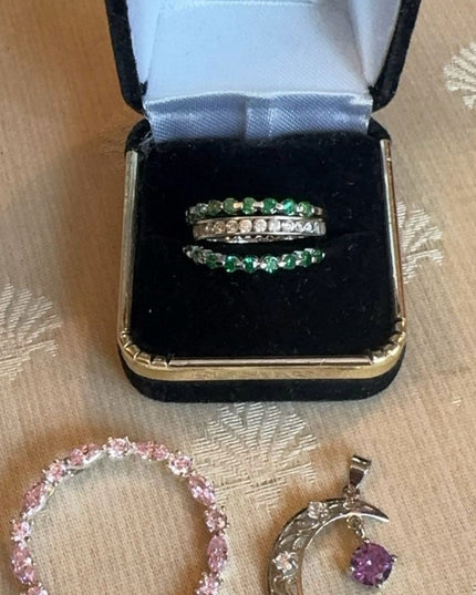 Sterling Silver 925 LOT Rings and Pendants Lot Green, Clear & Pink Stones Moon