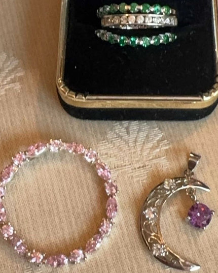 Sterling Silver 925 LOT Rings and Pendants Lot Green, Clear & Pink Stones Moon