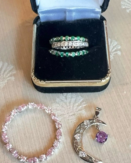 Sterling Silver 925 LOT Rings and Pendants Lot Green, Clear & Pink Stones Moon