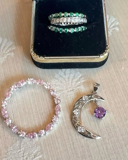 Sterling Silver 925 LOT Rings and Pendants Lot Green, Clear & Pink Stones Moon