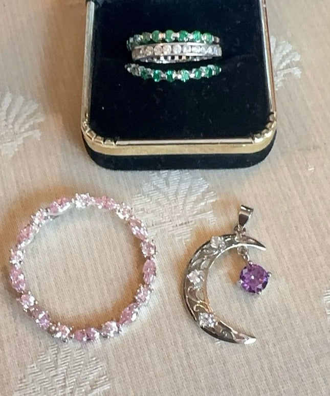 Sterling Silver 925 LOT Rings and Pendants Lot Green, Clear & Pink Stones Moon