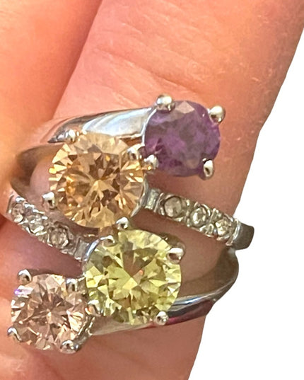 FUN Large cZ glass Crystal fancy simulated stone ring silver rhodium plt