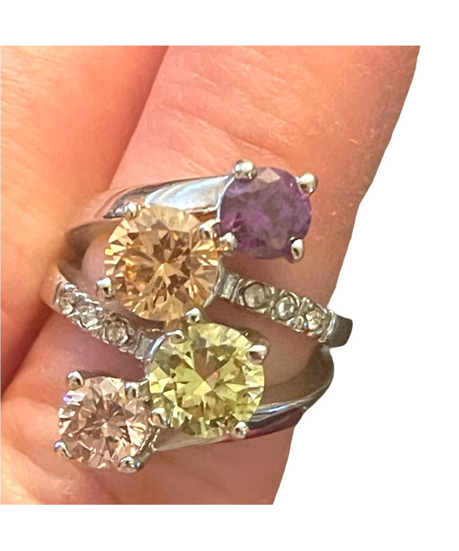 FUN Large cZ glass Crystal fancy simulated stone ring silver rhodium plt