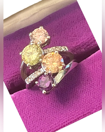 FUN Large cZ glass Crystal fancy simulated stone ring silver rhodium plt