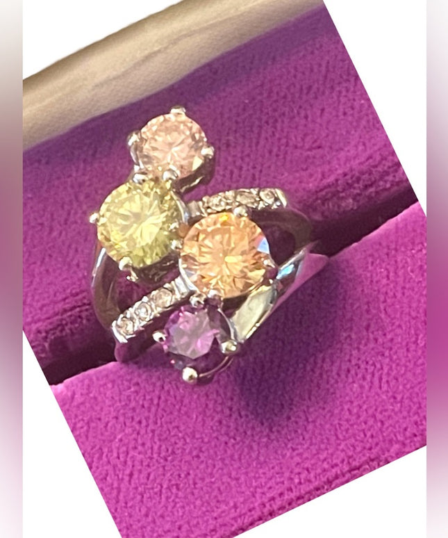 FUN Large cZ glass Crystal fancy simulated stone ring silver rhodium plt