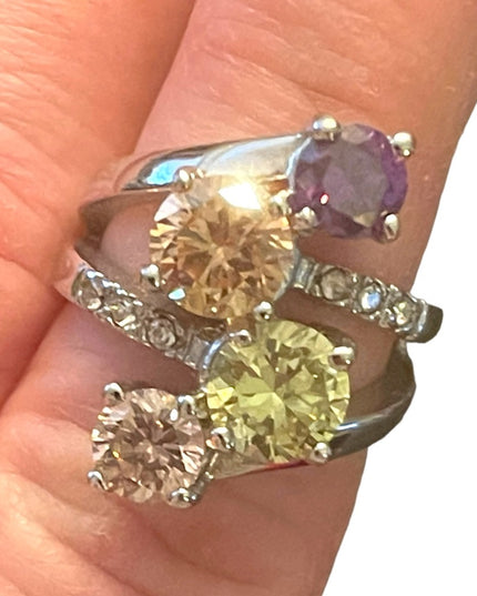 FUN Large cZ glass Crystal fancy simulated stone ring silver rhodium plt
