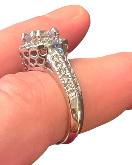 Stunning silver rhodium plt fancy simulated CZ engagement ring