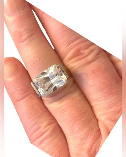 Large sterling silver 925 rhodium plt fancy CZ lg stone glass ring