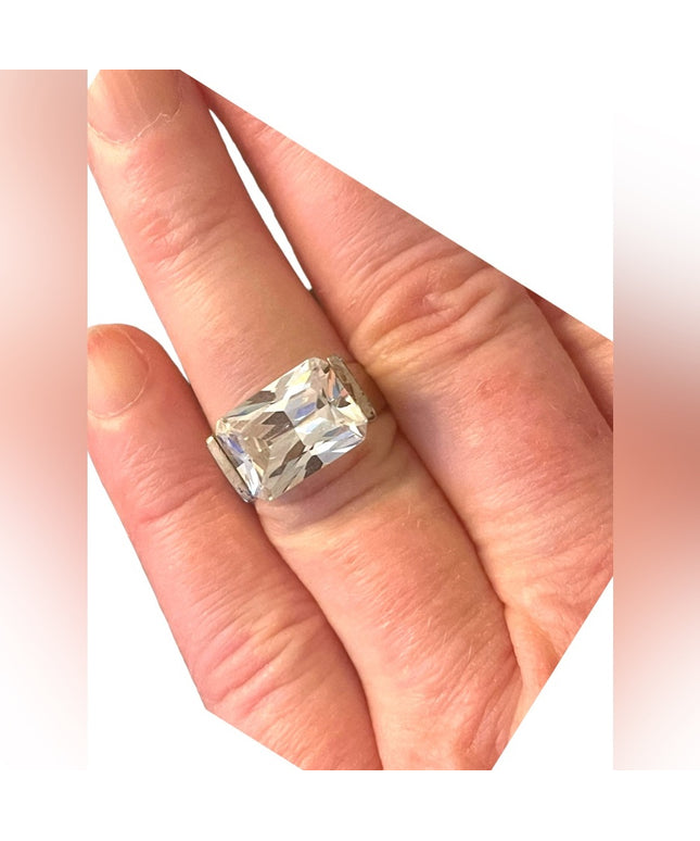 Large sterling silver 925 rhodium plt fancy CZ lg stone glass ring