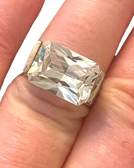 Large sterling silver 925 rhodium plt fancy CZ lg stone glass ring