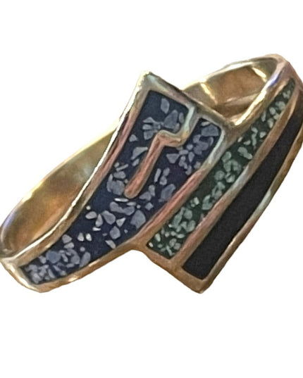 Vintage 1980s Taxco Mexico crushed stone chips inlay ring artist numbered