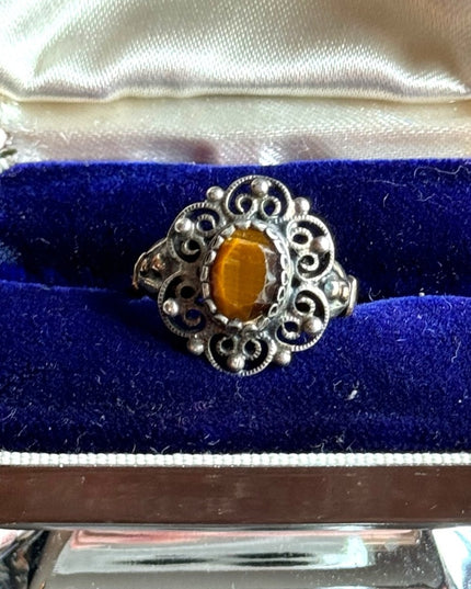 Vintage 925 sterling gold finish tiger eye filagree ring