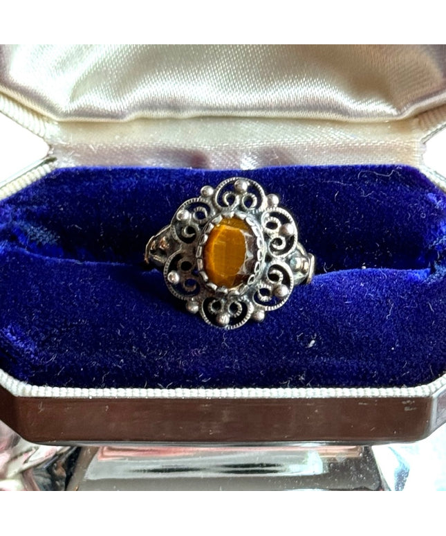 Vintage 925 sterling gold finish tiger eye filagree ring