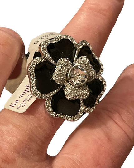 Lia Sophia Blooming flower ring SZ 9 black enamel silver finish NWT