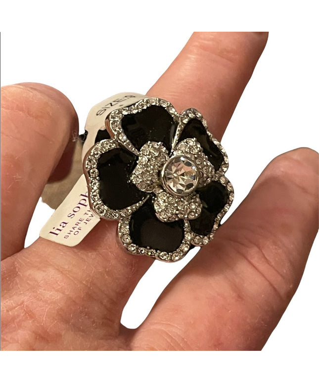 Lia Sophia Blooming flower ring SZ 9 black enamel silver finish NWT