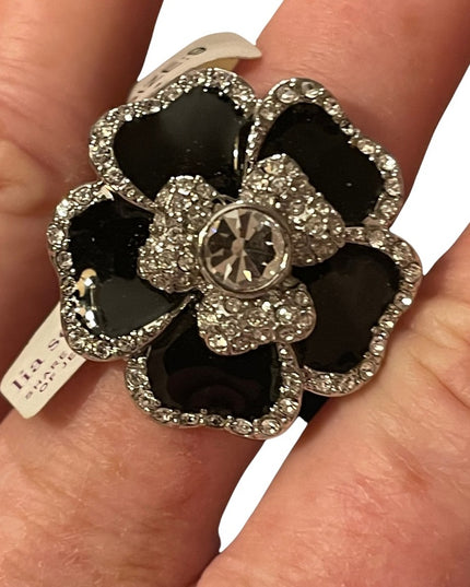 Lia Sophia Blooming flower ring SZ 9 black enamel silver finish NWT