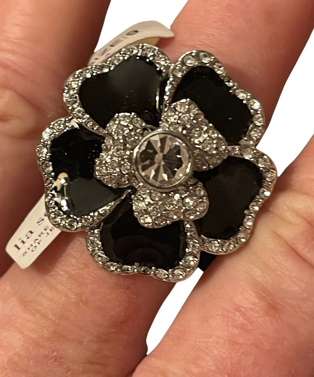 Lia Sophia Blooming flower ring SZ 9 black enamel silver finish NWT