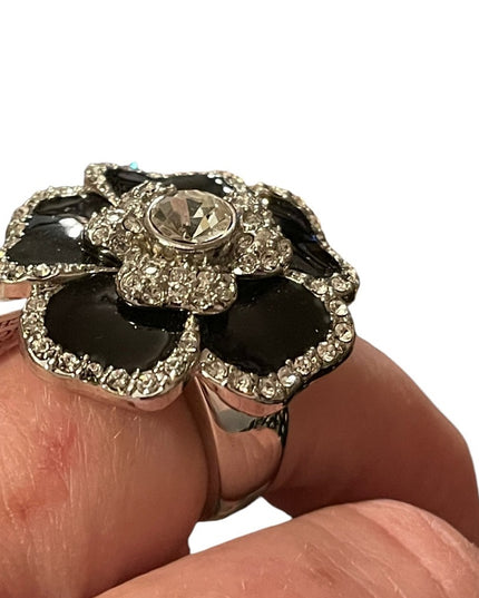 Lia Sophia Blooming flower ring SZ 9 black enamel silver finish NWT