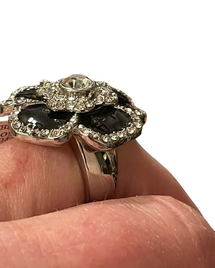 Lia Sophia Blooming flower ring SZ 9 black enamel silver finish NWT