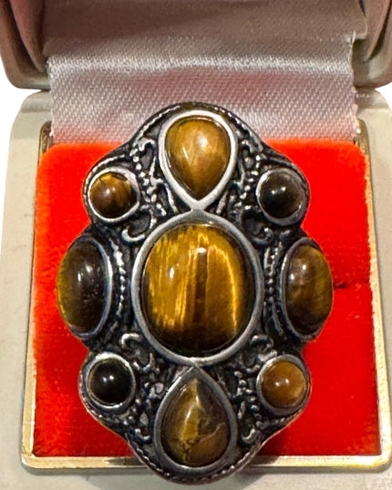 Elegant Silver SS Tiger Eye Fancy Saddle  Stone Ring