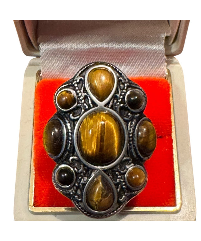 Elegant Silver SS Tiger Eye Fancy Saddle  Stone Ring