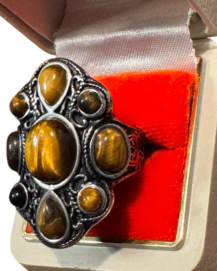 Elegant Silver SS Tiger Eye Fancy Saddle  Stone Ring