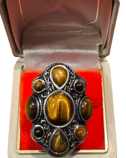 Elegant Silver SS Tiger Eye Fancy Saddle  Stone Ring