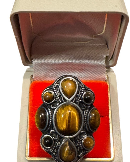 Elegant Silver SS Tiger Eye Fancy Saddle  Stone Ring