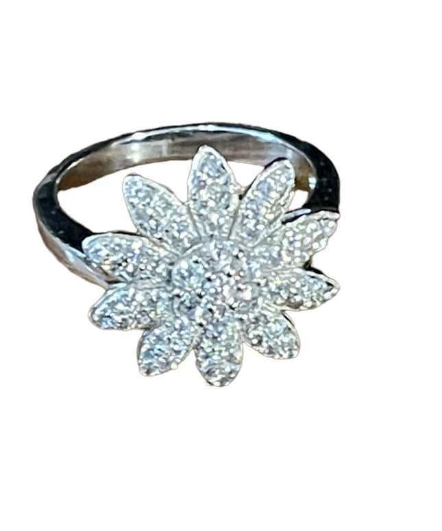 Sterling silver 925 CZ flower ring Rhodium plated