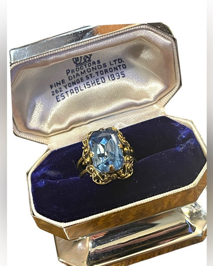 Vintage Ornate antiqued gold brassy finish blue paste glass ring