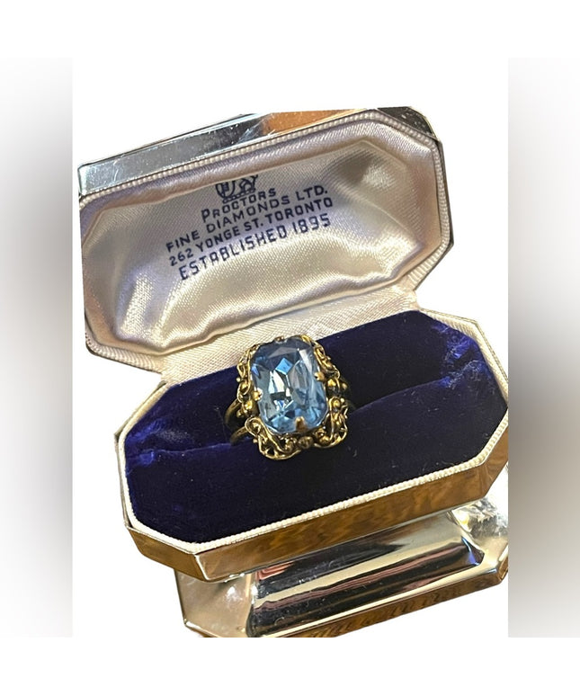 Vintage Ornate antiqued gold brassy finish blue paste glass ring