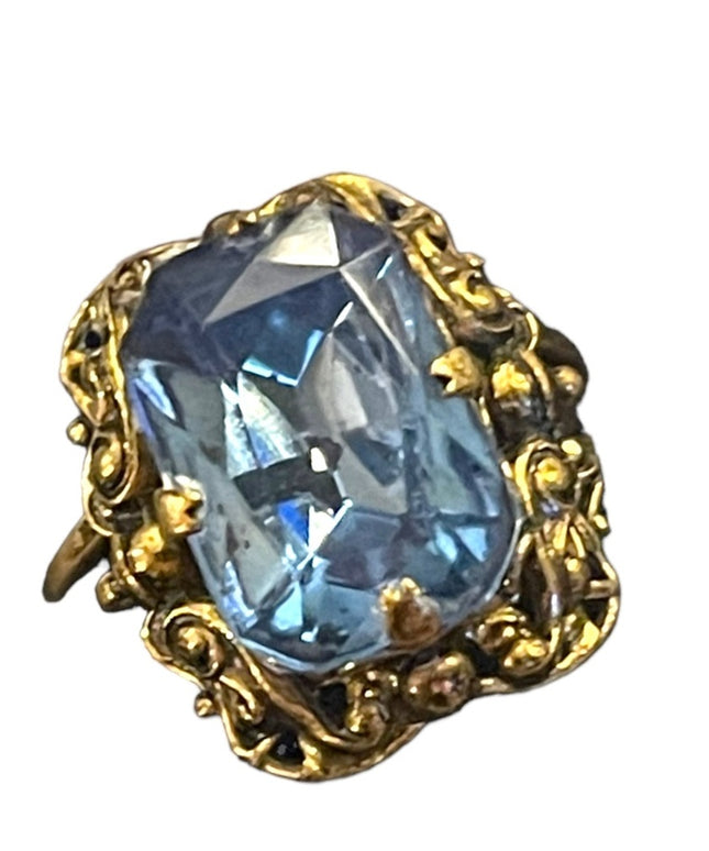 Vintage Ornate antiqued gold brassy finish blue paste glass ring