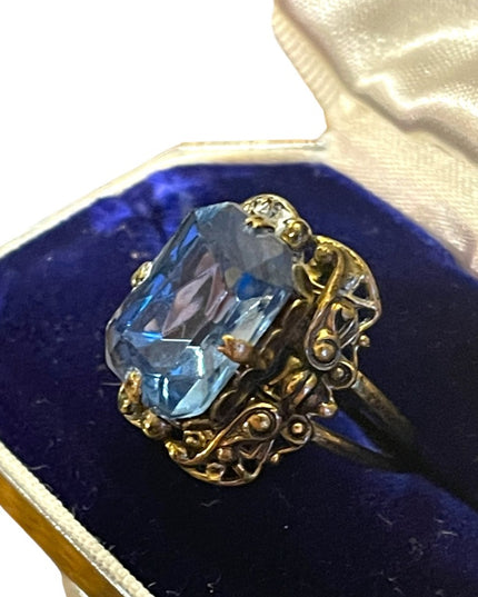 Vintage Ornate antiqued gold brassy finish blue paste glass ring