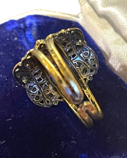 Vintage Ornate antiqued gold brassy finish blue paste glass ring