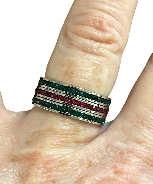 Lot of 3 Sterling silver Crystal red & green Stack rings sz 7