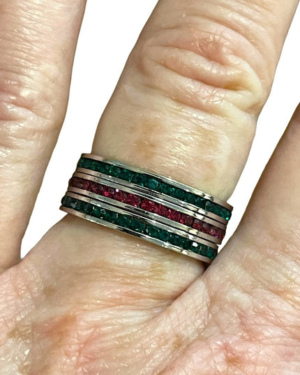 Lot of 3 Sterling silver Crystal red & green Stack rings sz 7