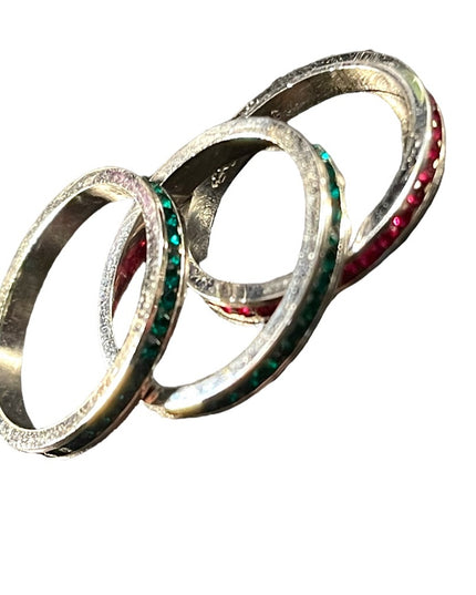 Lot of 3 Sterling silver Crystal red & green Stack rings sz 7