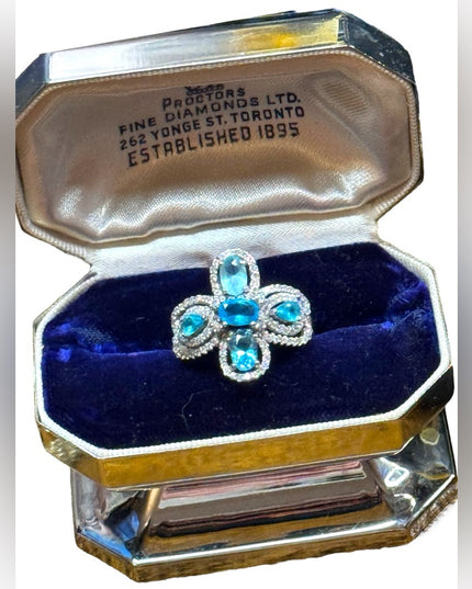 Elegant sterling ailver 925 Blue topaz Gemstone & CZ ring cross ornate design