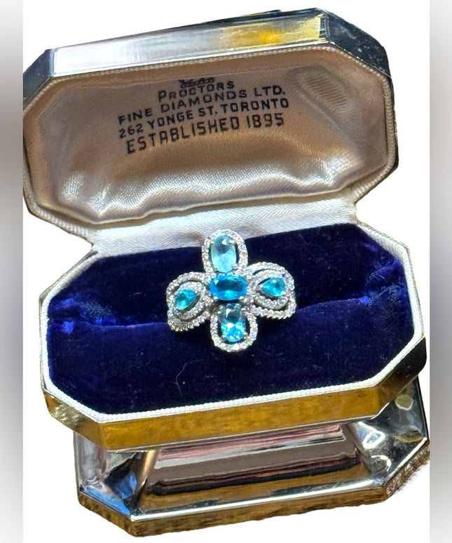 Elegant sterling ailver 925 Blue topaz Gemstone & CZ ring cross ornate design