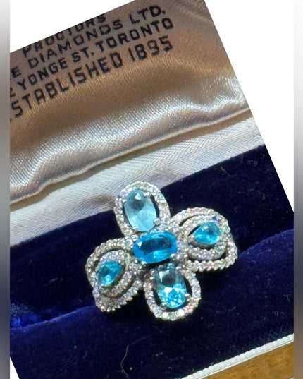 Elegant sterling ailver 925 Blue topaz Gemstone & CZ ring cross ornate design