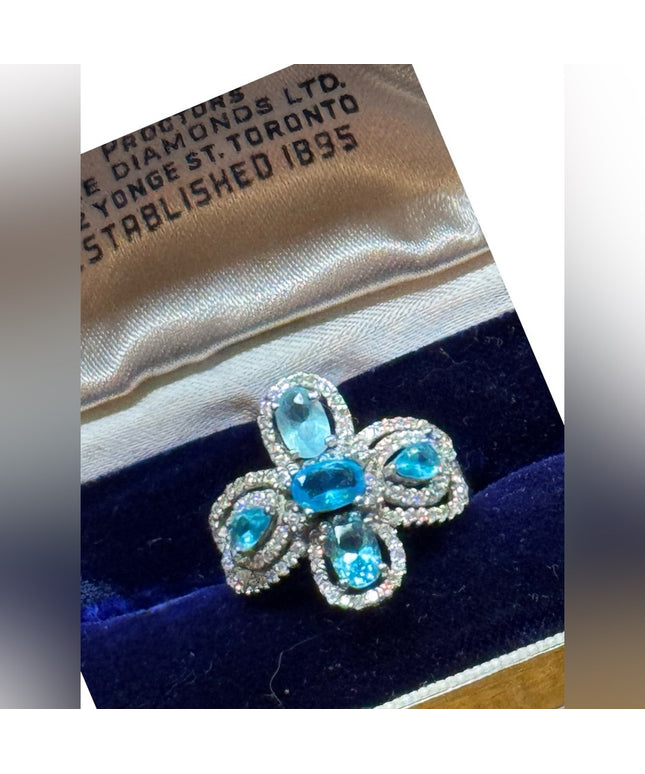 Elegant sterling ailver 925 Blue topaz Gemstone & CZ ring cross ornate design