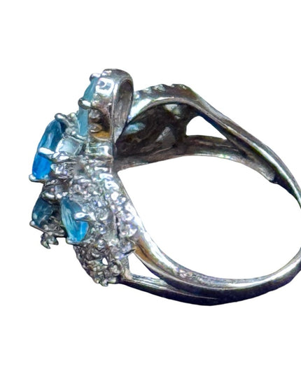 Elegant sterling ailver 925 Blue topaz Gemstone & CZ ring cross ornate design