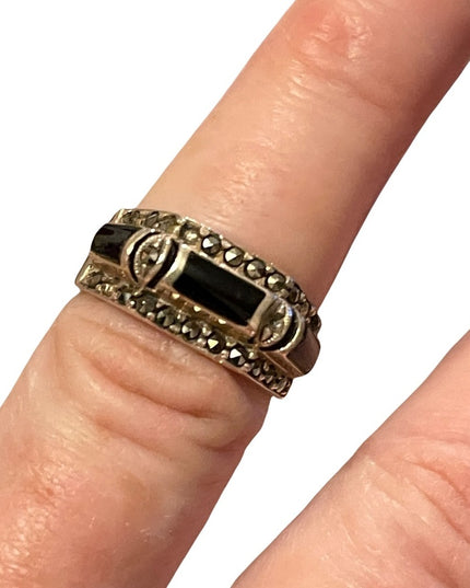 Sterling silver black onyx marcasite ring fancy
