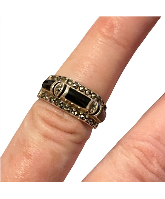 Sterling silver black onyx marcasite ring fancy
