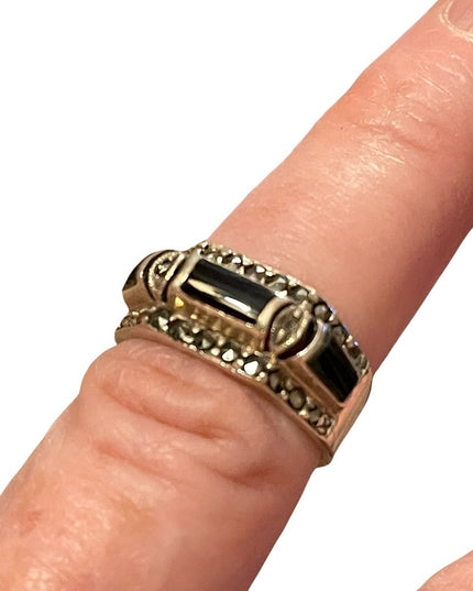 Sterling silver black onyx marcasite ring fancy