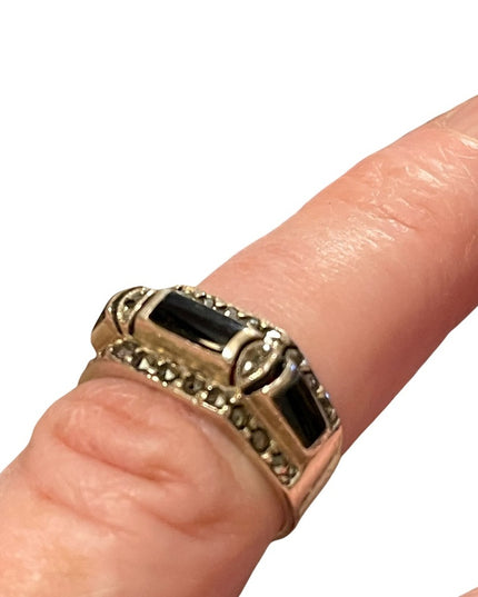 Sterling silver black onyx marcasite ring fancy