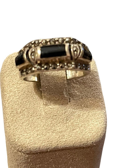 Sterling silver black onyx marcasite ring fancy