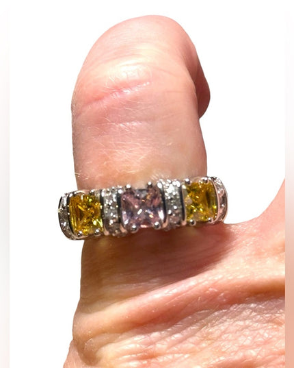 Lovely pink & yellow CZ crystal fancy sterling silver 925 rhodium plt ring
