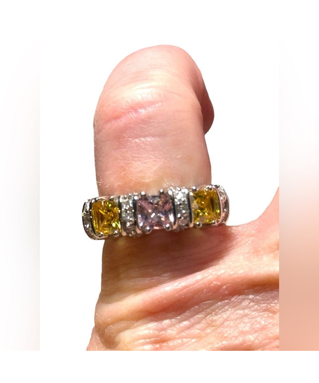 Lovely pink & yellow CZ crystal fancy sterling silver 925 rhodium plt ring